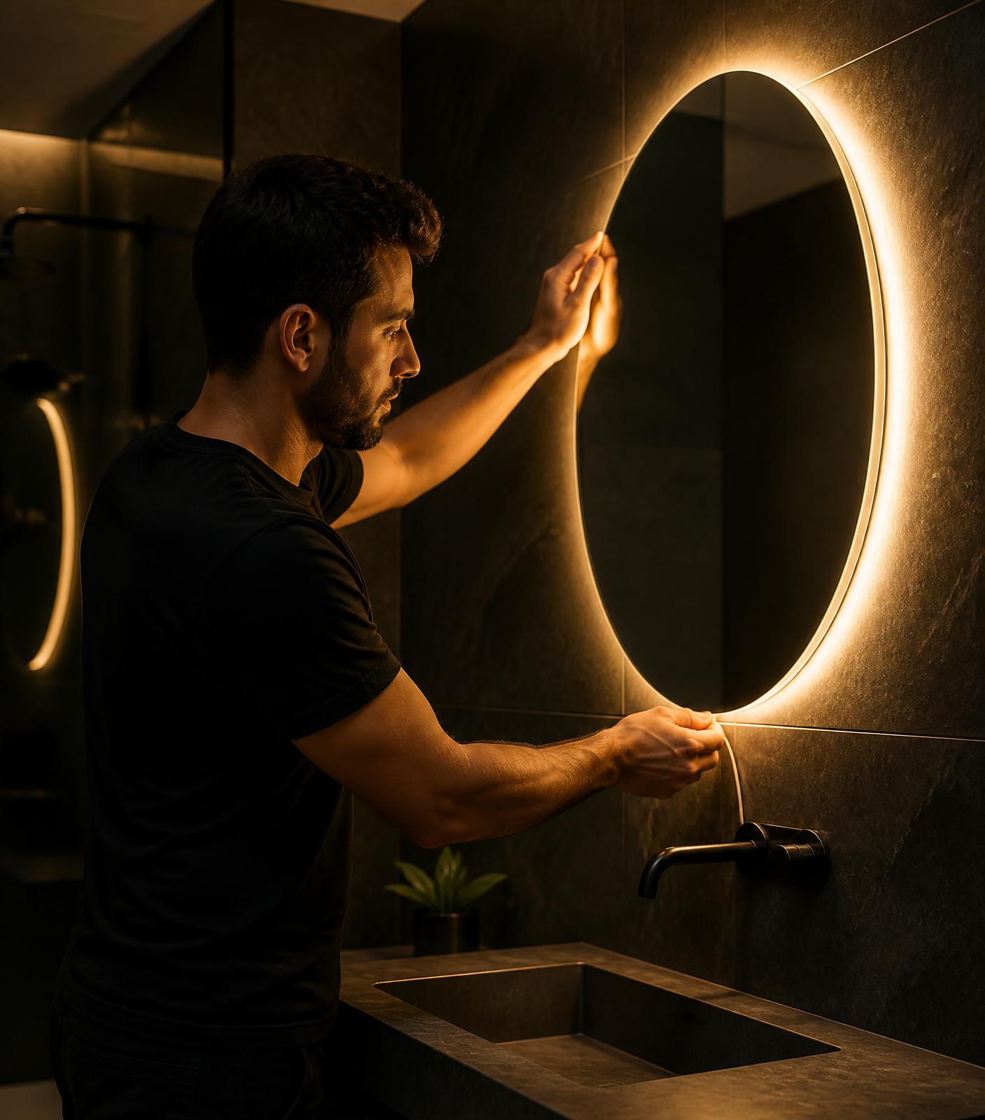 Electrician installing warm LED vanity lighting in a modern bathroom