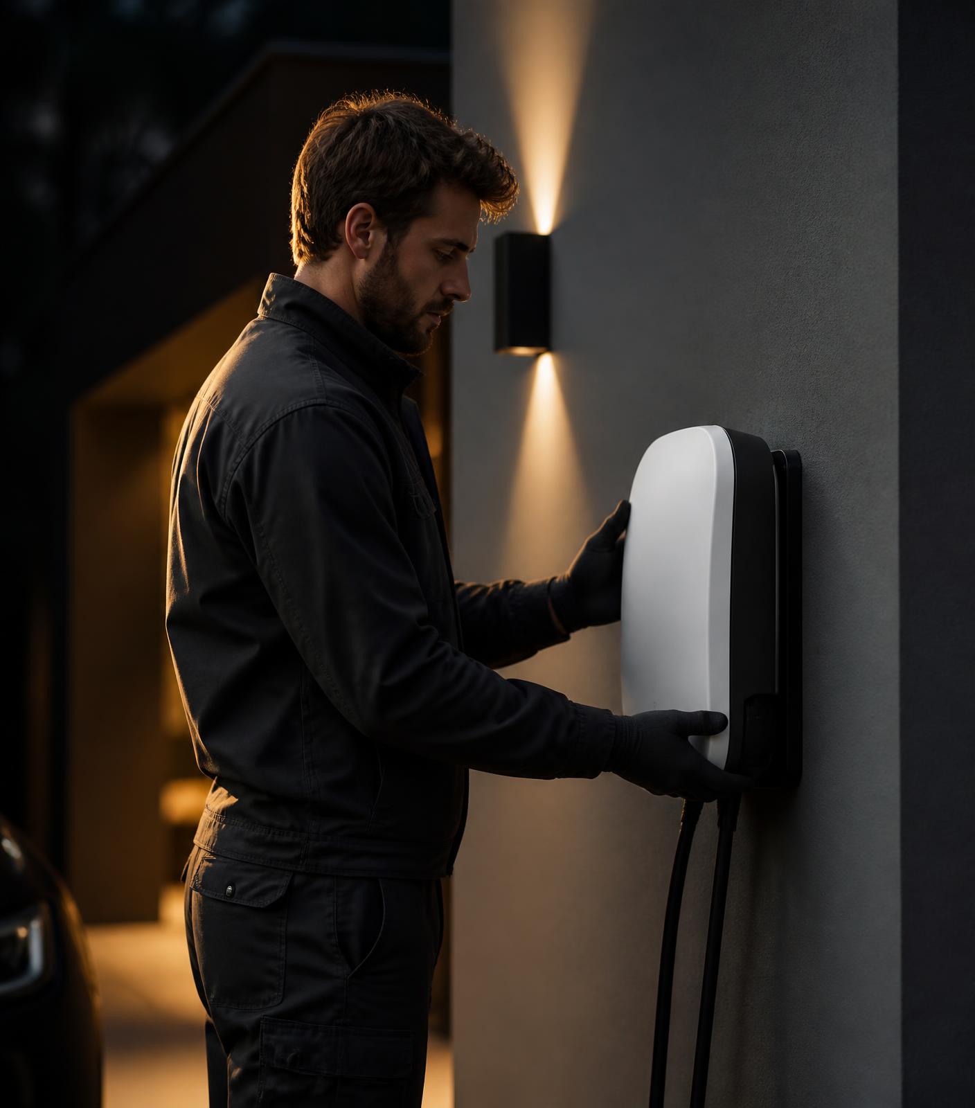 Certified electrician installing a wall-mounted home EV charger at dusk