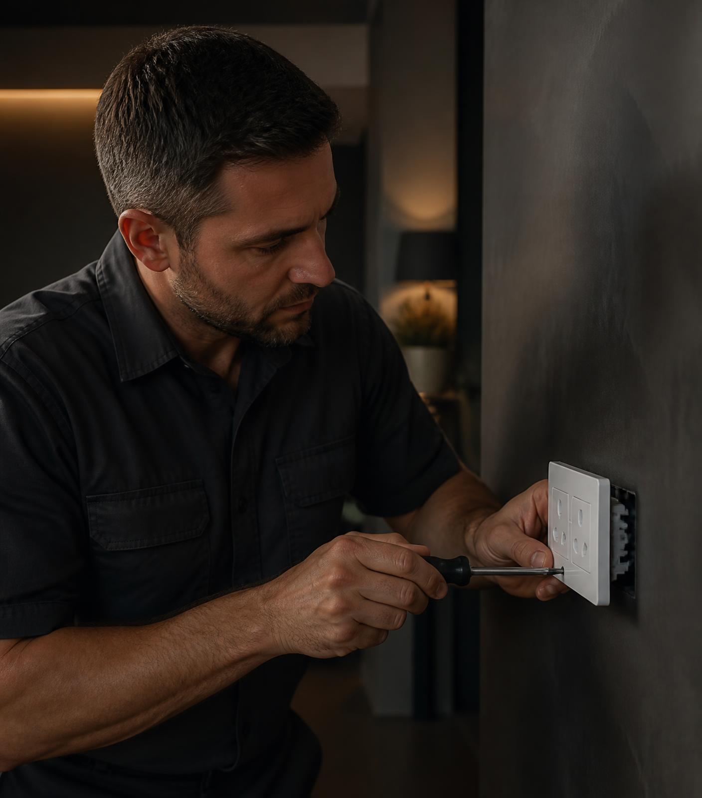 Electrician installing a modern white power point in a contemporary home