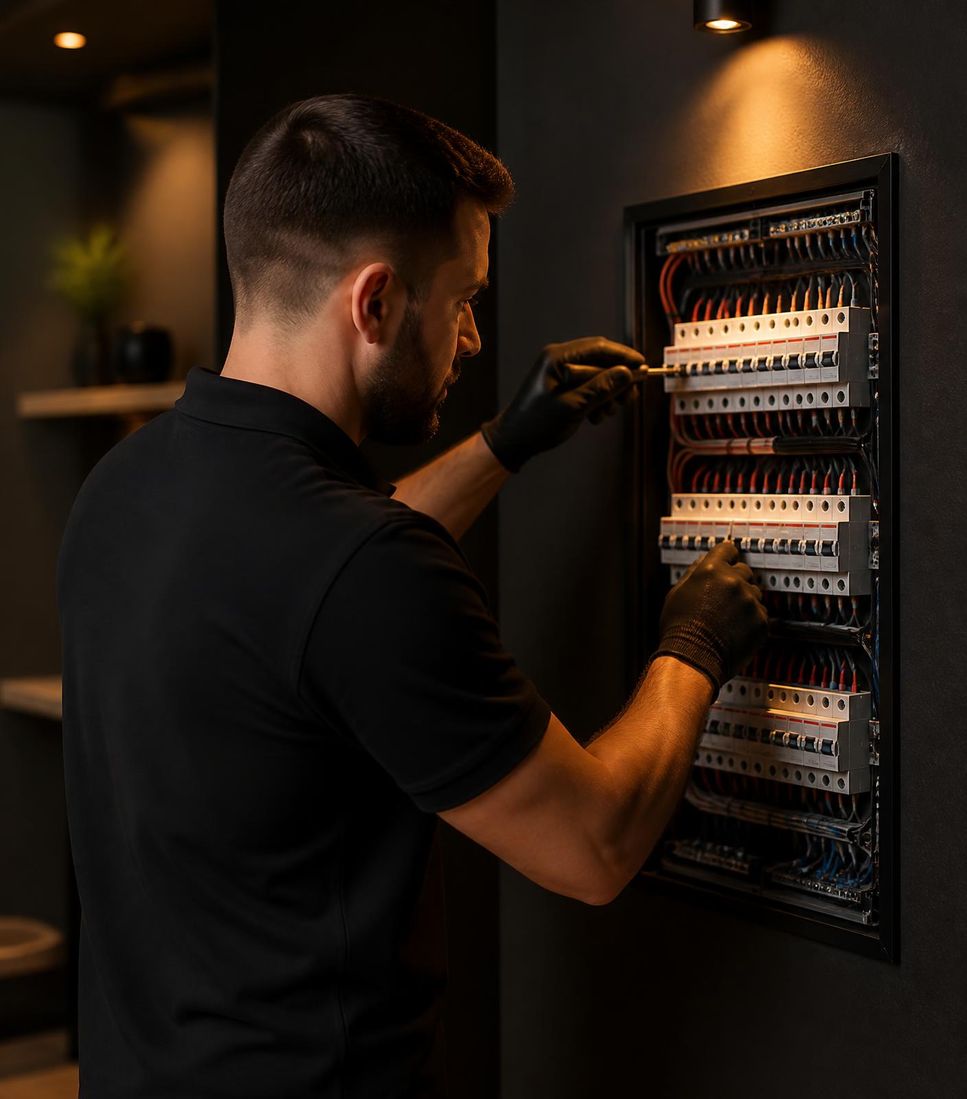 Electrician wiring a modern residential switchboard with neat cable management