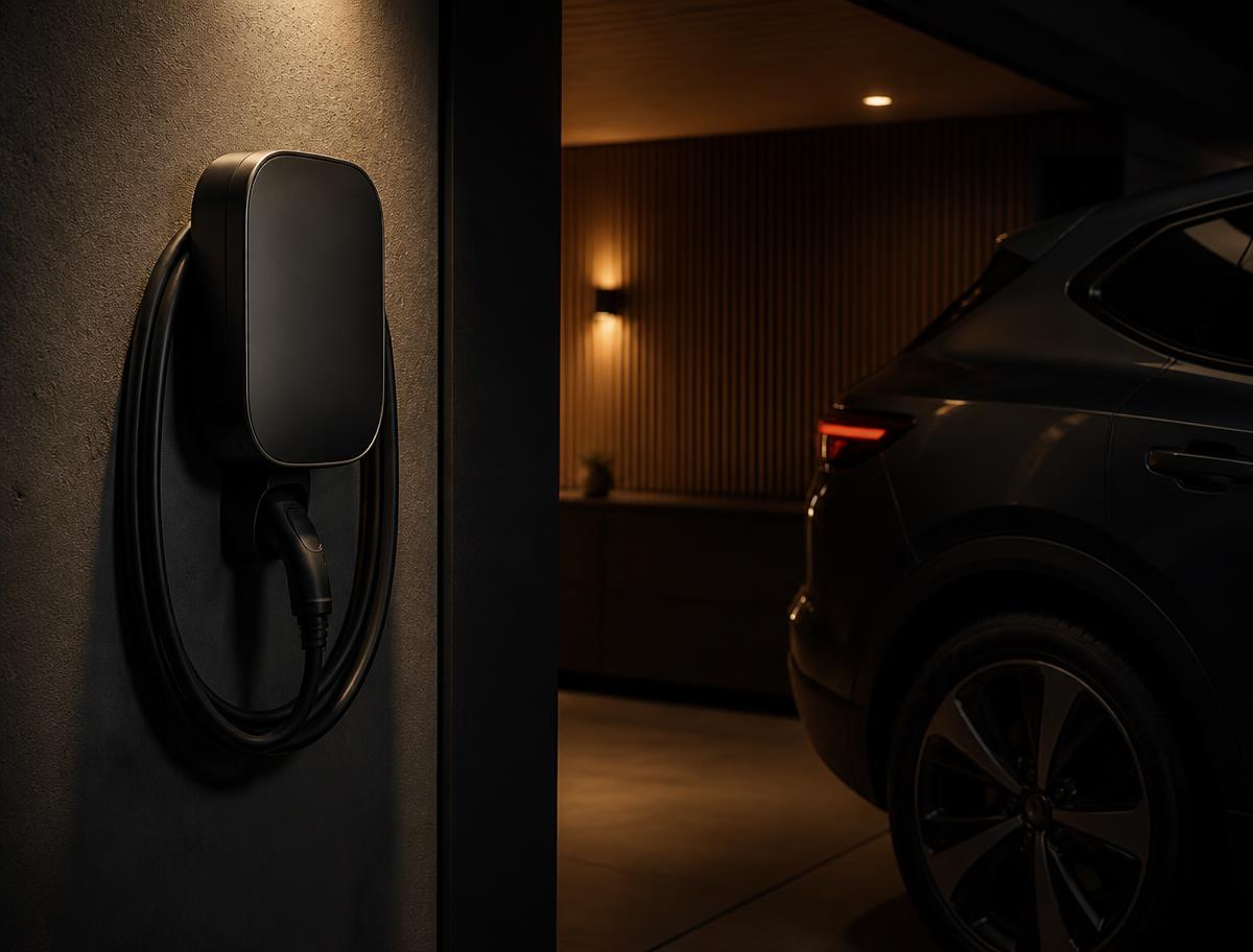 Wall-mounted home EV charger installed in a garage with the cable neatly coiled