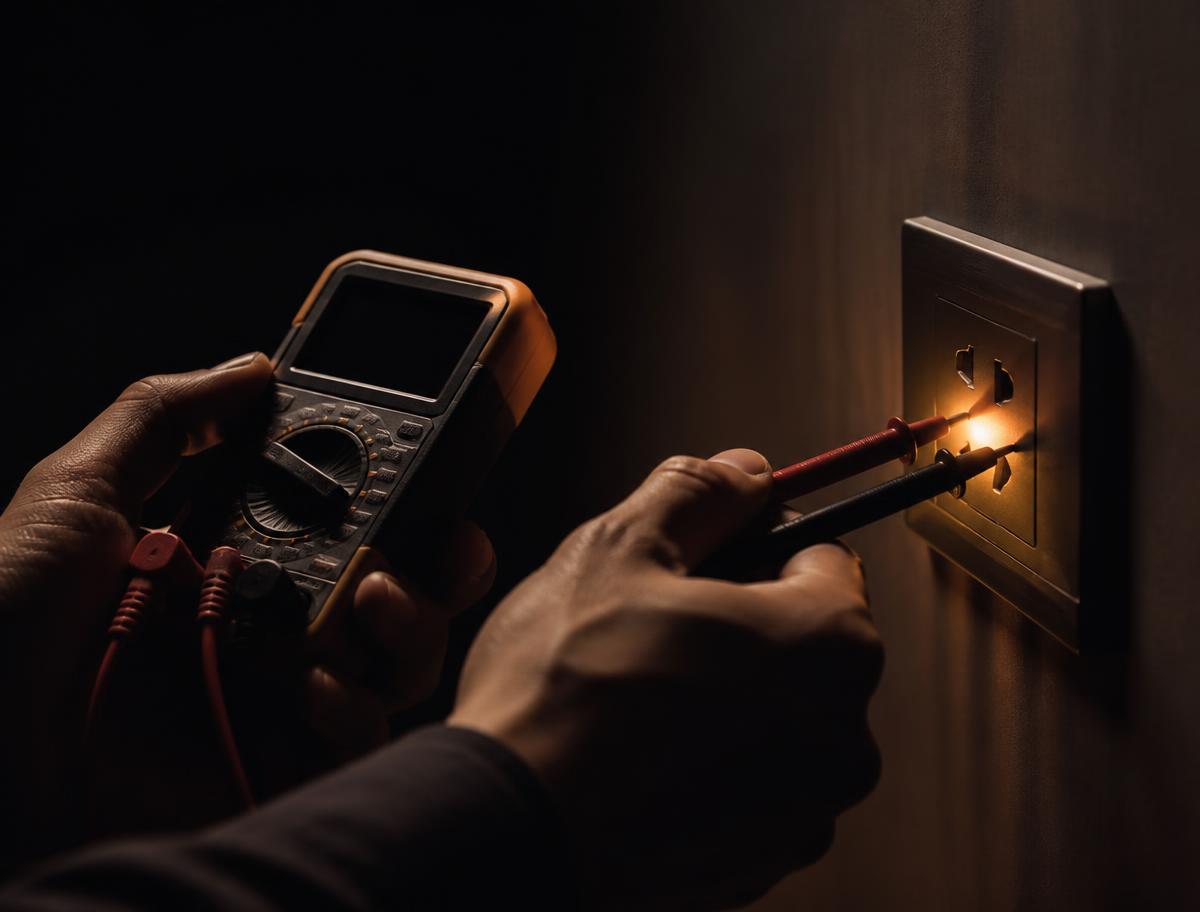 Electrician testing a power point with a digital multimeter