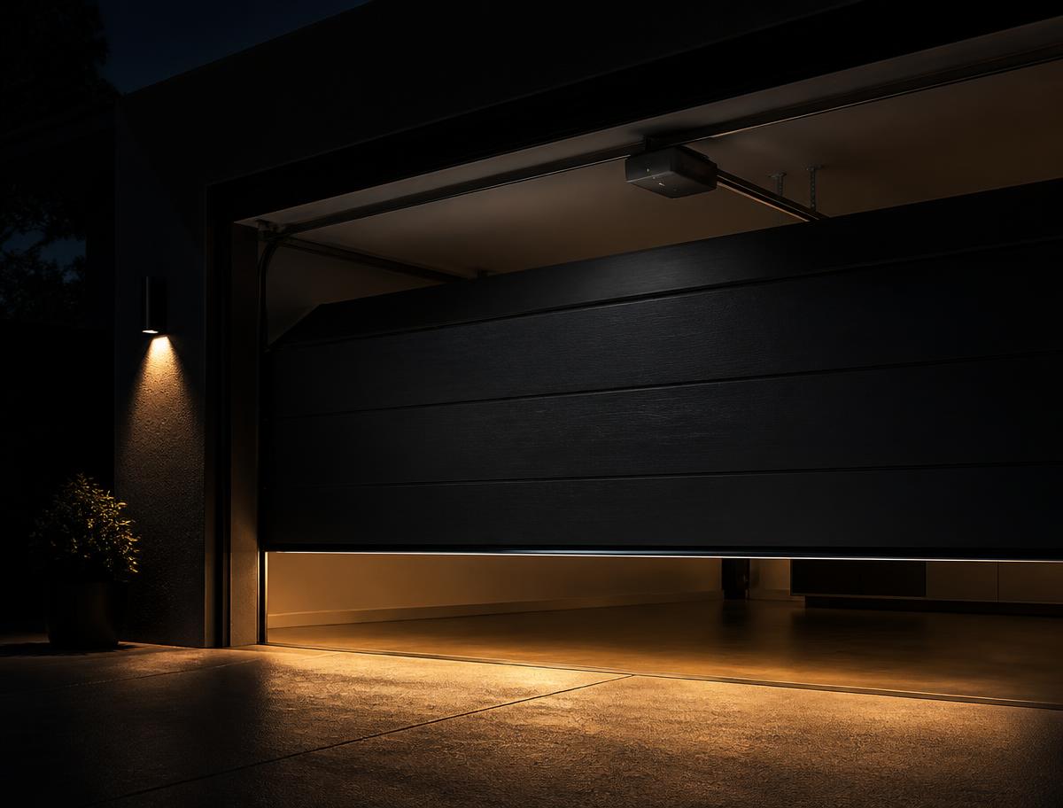 Modern garage door with a smart automation motor unit fitted to the ceiling