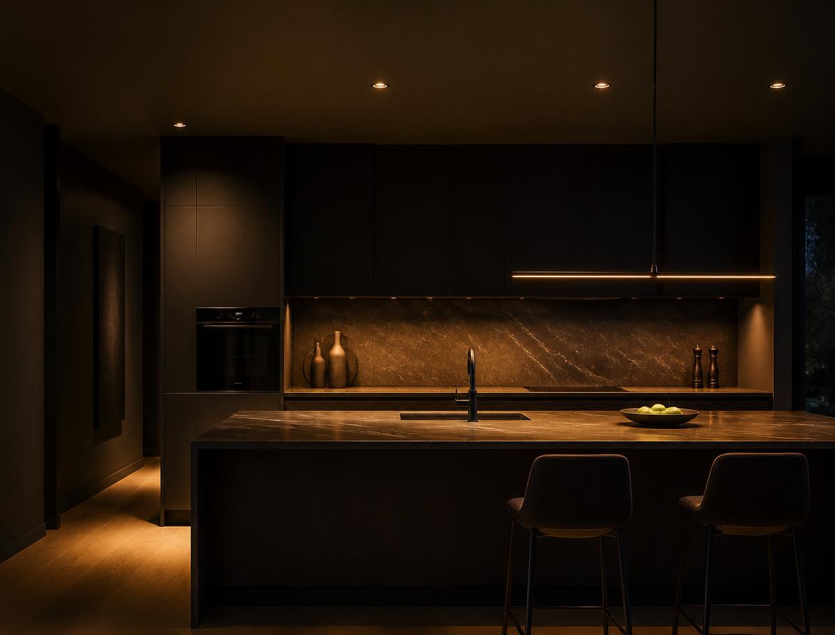 Warm downlights and a linear pendant over a modern kitchen island