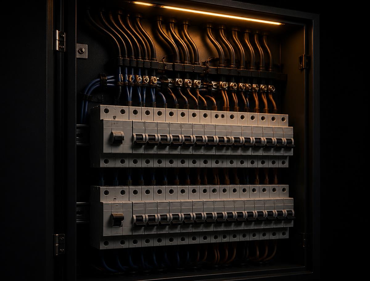 Neatly wired residential switchboard with labelled circuit breakers